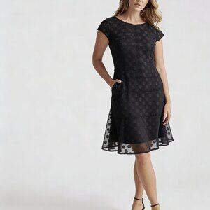 Anne Klein Fit & Flare Dress Black Polka Dots Cap Sleeve Size: 12